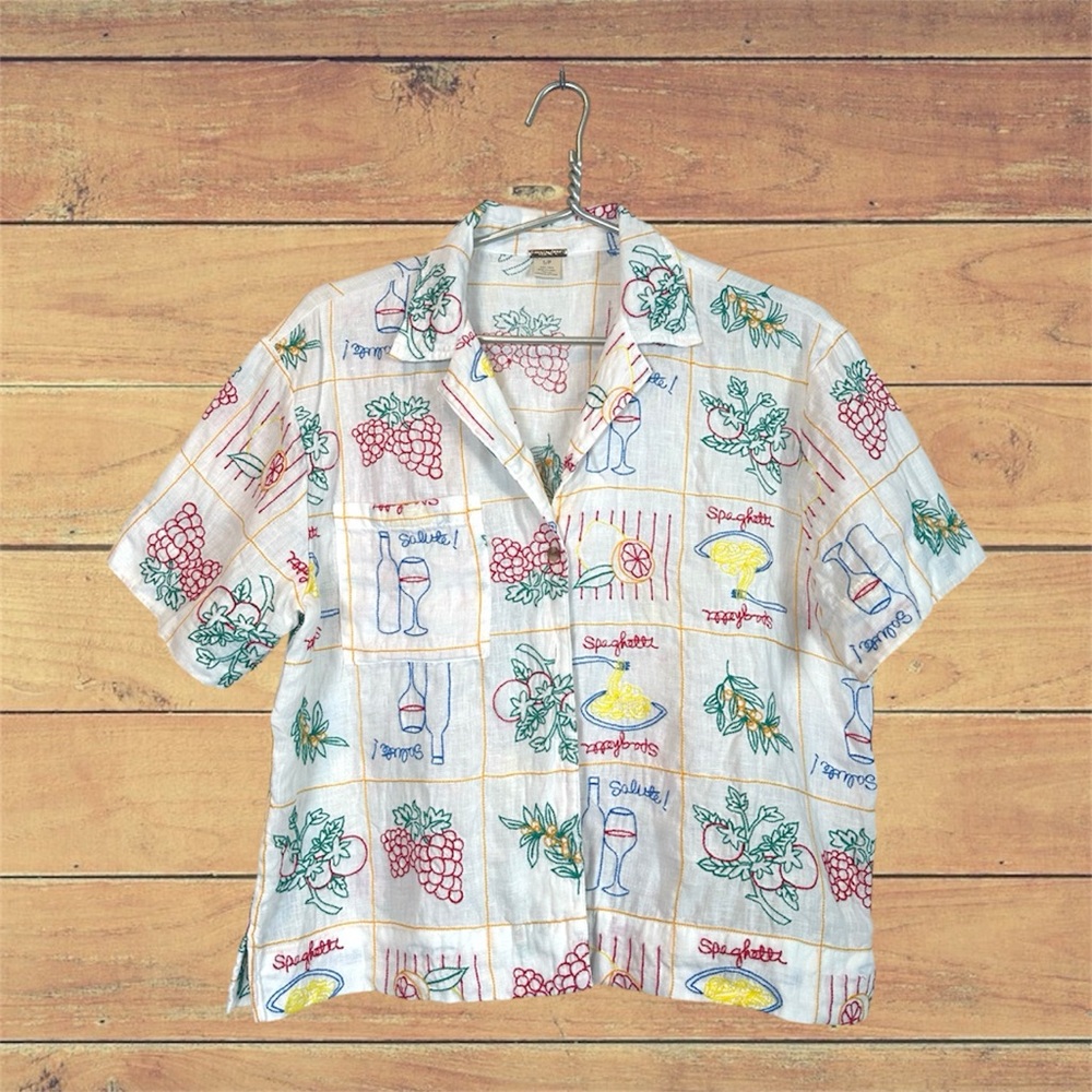 Magaschoni White Multicolor Embroidered Short Sleeve Blouse